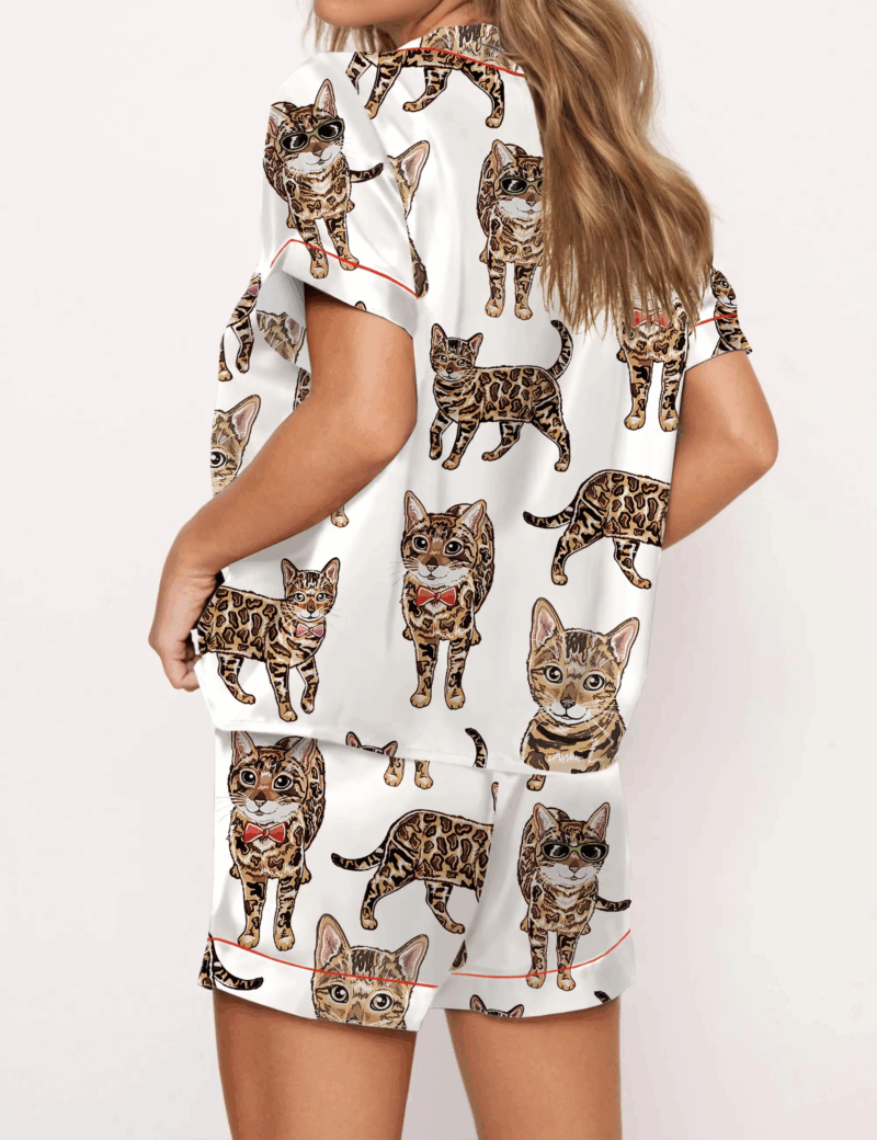 Bengal Cat Silk Satin Pajama Set For Women
