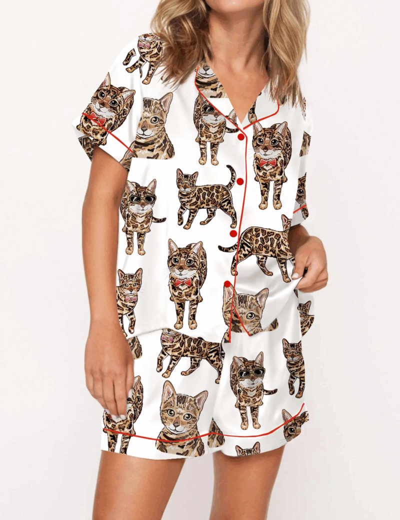Bengal Cat Silk Satin Pajama Set For Women