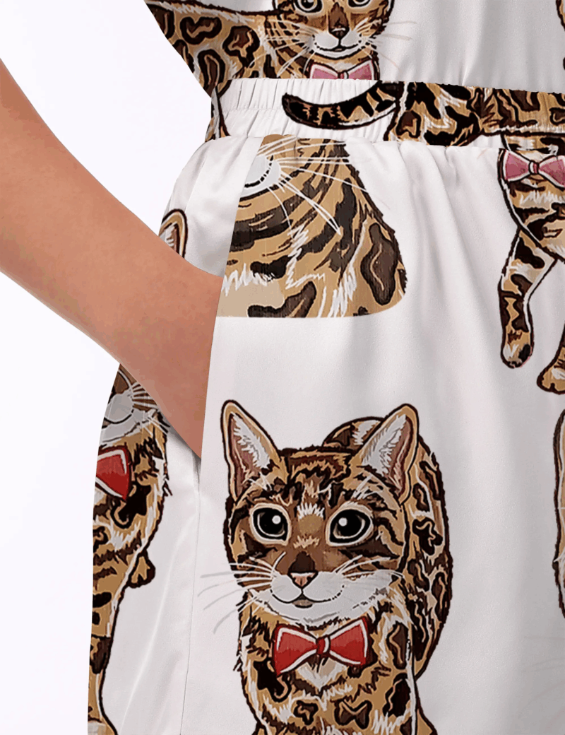 Bengal Cat Silk Satin Pajama Set For Women