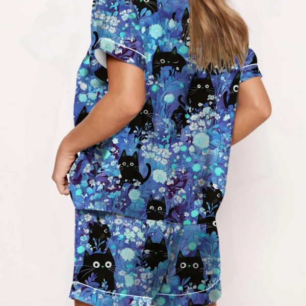 Black Cats Silk Satin Pajama Set For Women