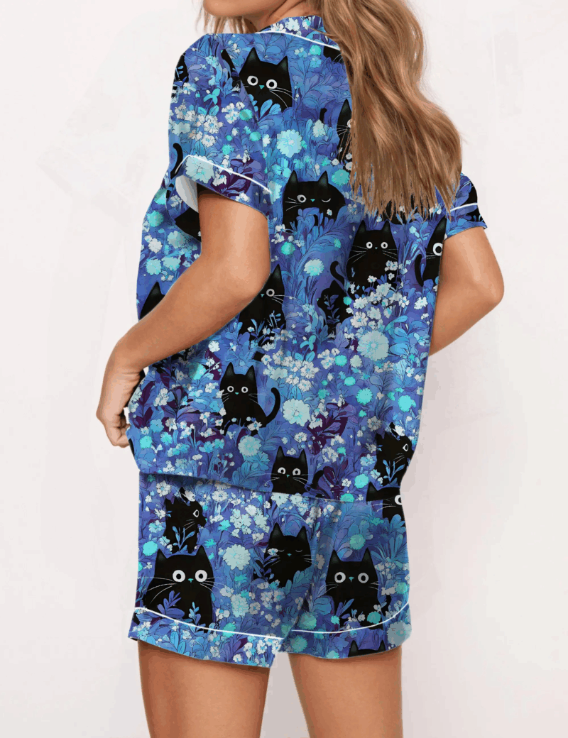 Black Cats Silk Satin Pajama Set For Women