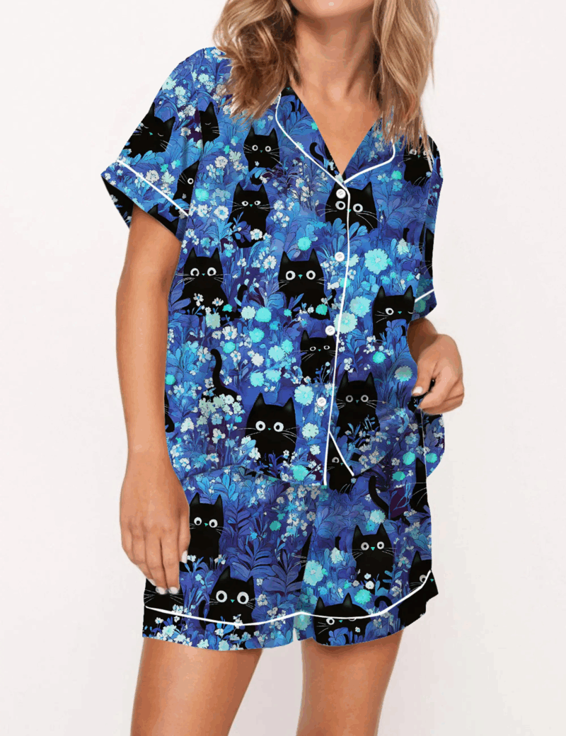 Black Cats Silk Satin Pajama Set For Women