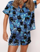 Black Cats Silk Satin Pajama Set For Women