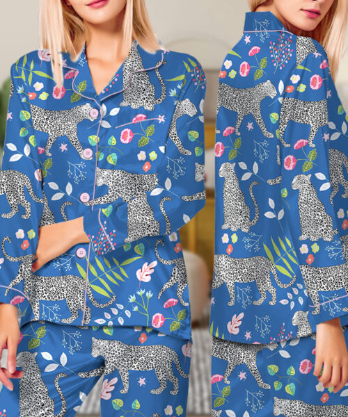 Blue Snow Leopard Printed Satin Pajamas Set For Women