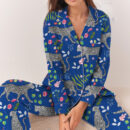 Blue Snow Leopard Printed Satin Pajamas Set For Women
