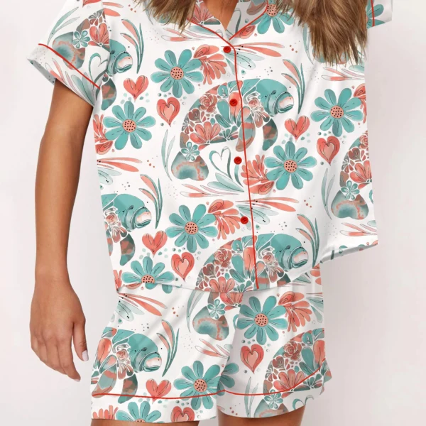 Boho Floral Manatee Silk Satin Pajama Set For Women