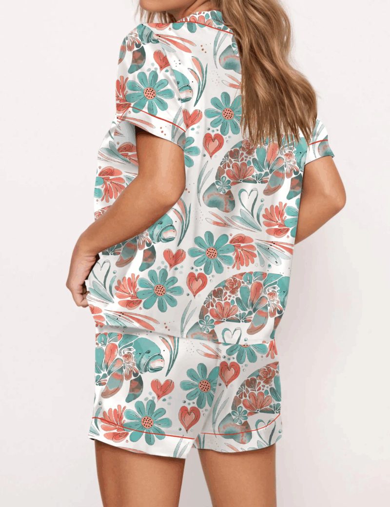 Boho Floral Manatee Silk Satin Pajama Set For Women