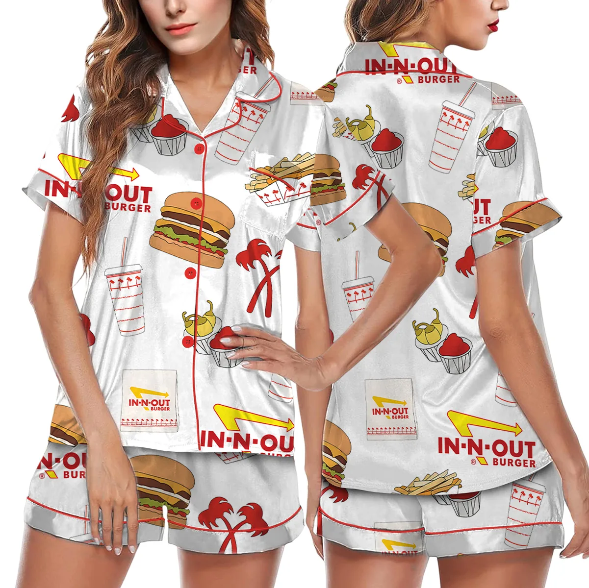 Burger Fast Food Satin Pajamas Set For Women