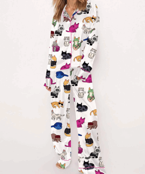 Cat Lovers Silk Satin Pajama Set For Women