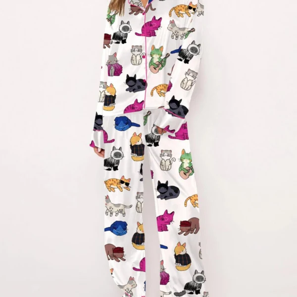 Cat Lovers Silk Satin Pajama Set For Women