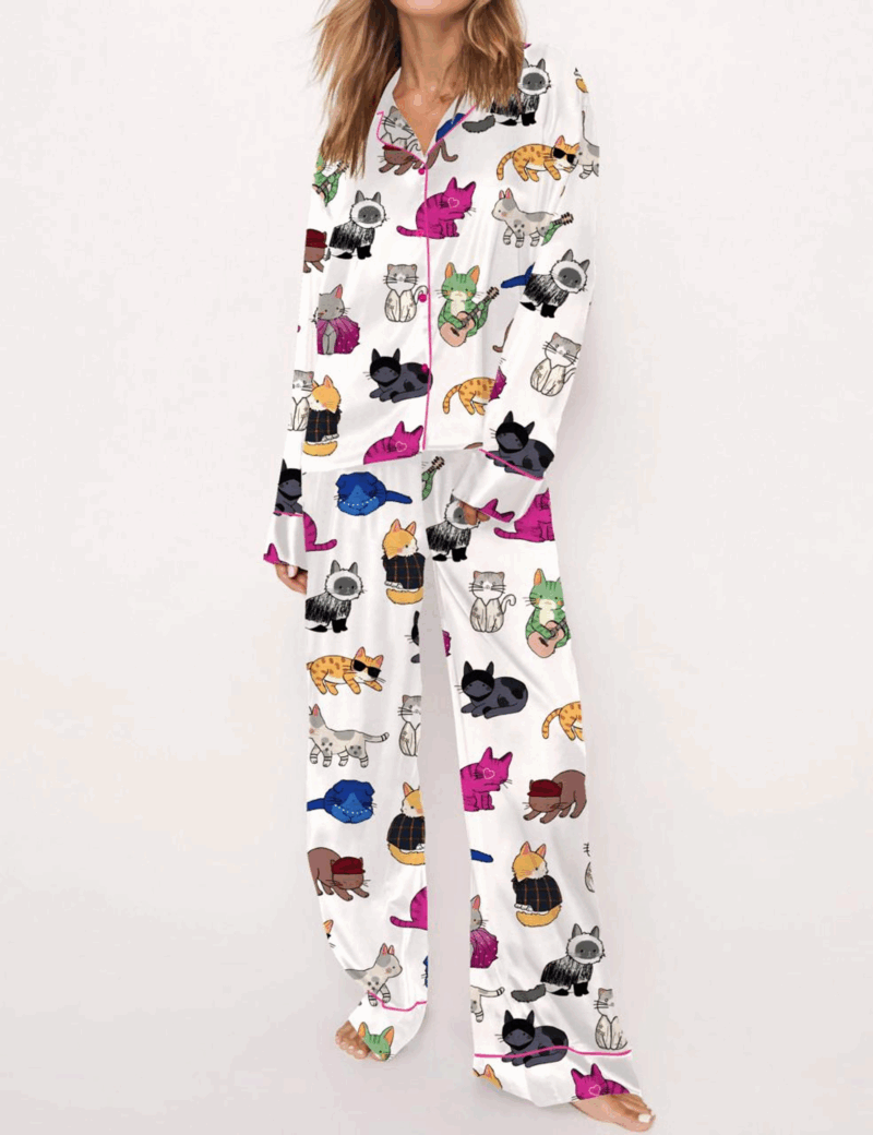 Cat Lovers Silk Satin Pajama Set For Women