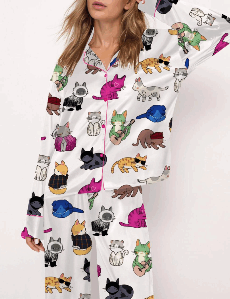Cat Lovers Silk Satin Pajama Set For Women