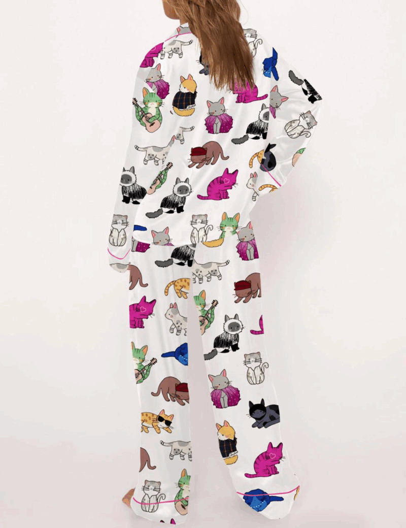 Cat Lovers Silk Satin Pajama Set For Women