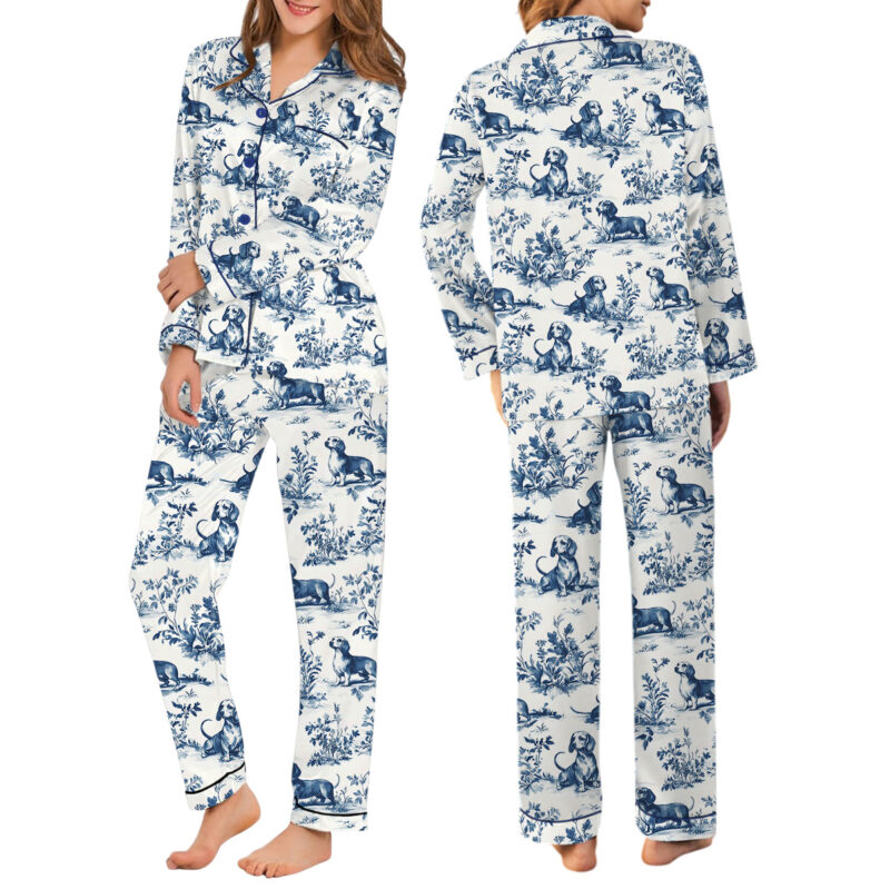 Chinoiserie Dachshund Silky Satin Pajama Set For Women