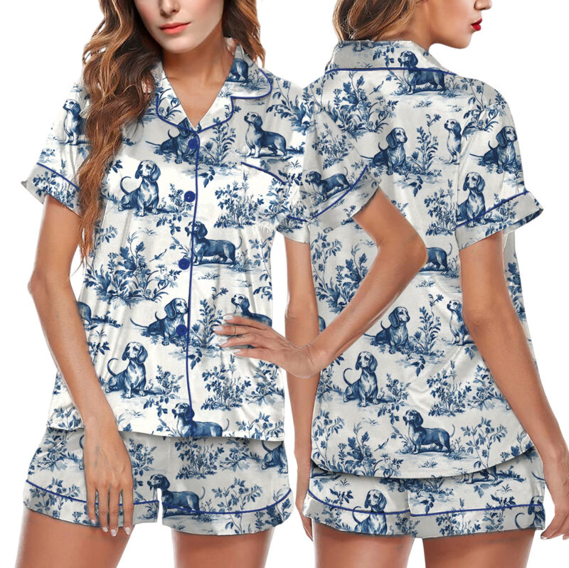 Chinoiserie Dachshund Silky Satin Pajama Set For Women