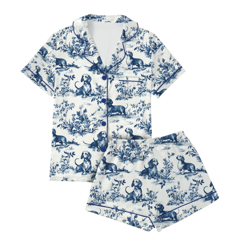 Chinoiserie Dachshund Silky Satin Pajama Set For Women