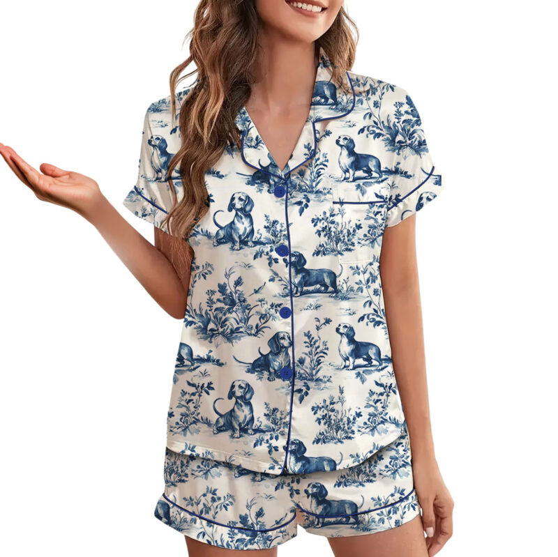 Chinoiserie Dachshund Silky Satin Pajama Set For Women
