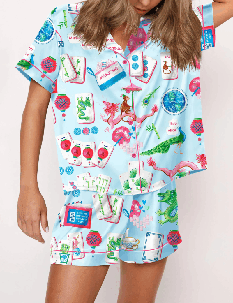 Chinoiserie Mahjong Satin Pajama Set For Women