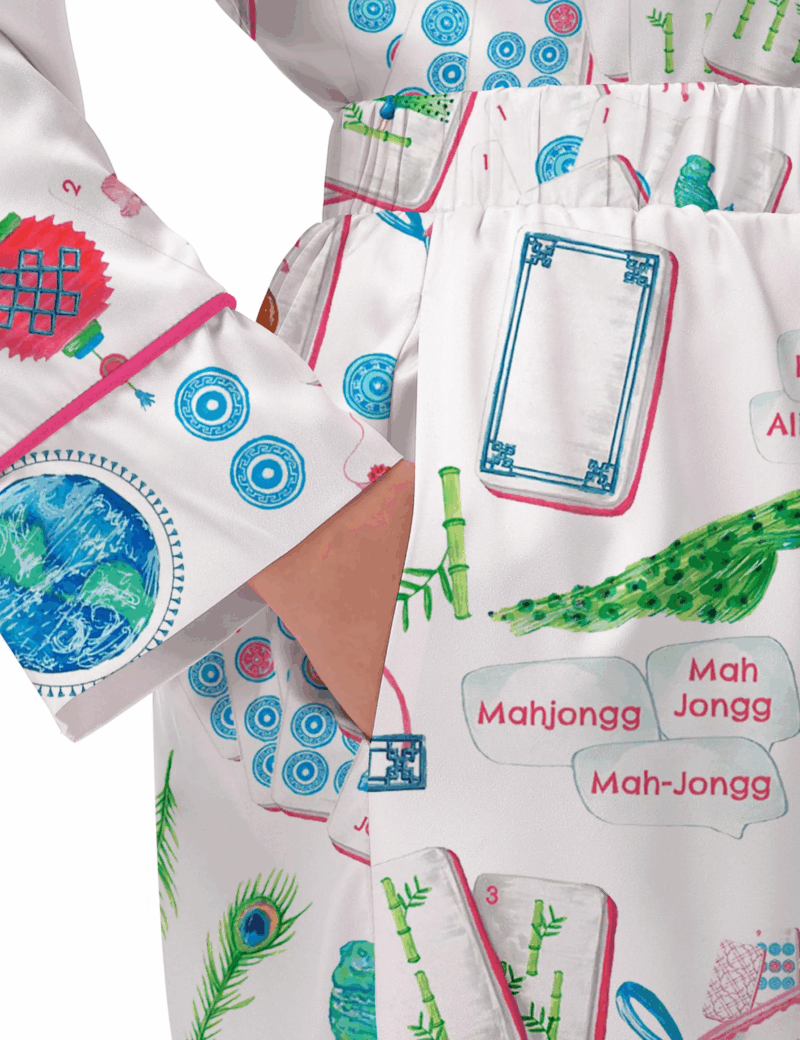 Chinoiserie Mahjong Satin Pajama Set For Women