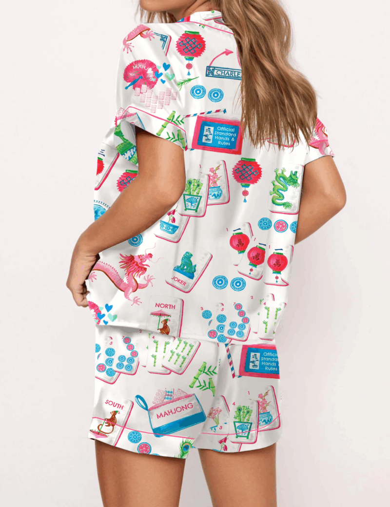 Chinoiserie Mahjong Satin Pajama Set For Women