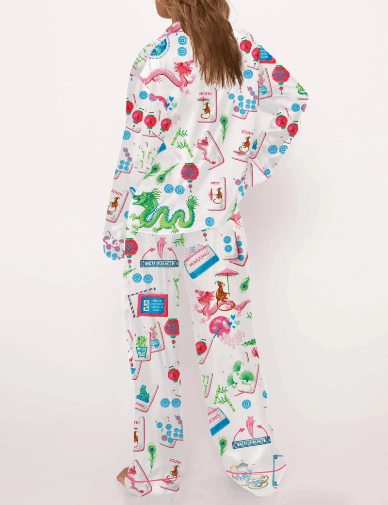 Chinoiserie Mahjong Satin Pajama Set For Women