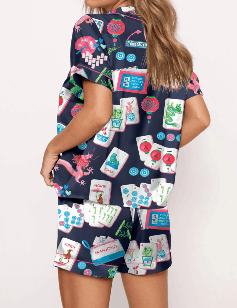 Chinoiserie Mahjong Satin Pajama Set For Women