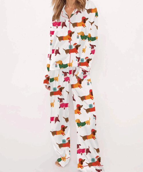 Christmas Festive Dachshund Silk Satin Pajama Set For Women