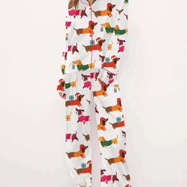 Christmas Festive Dachshund Silk Satin Pajama Set For Women