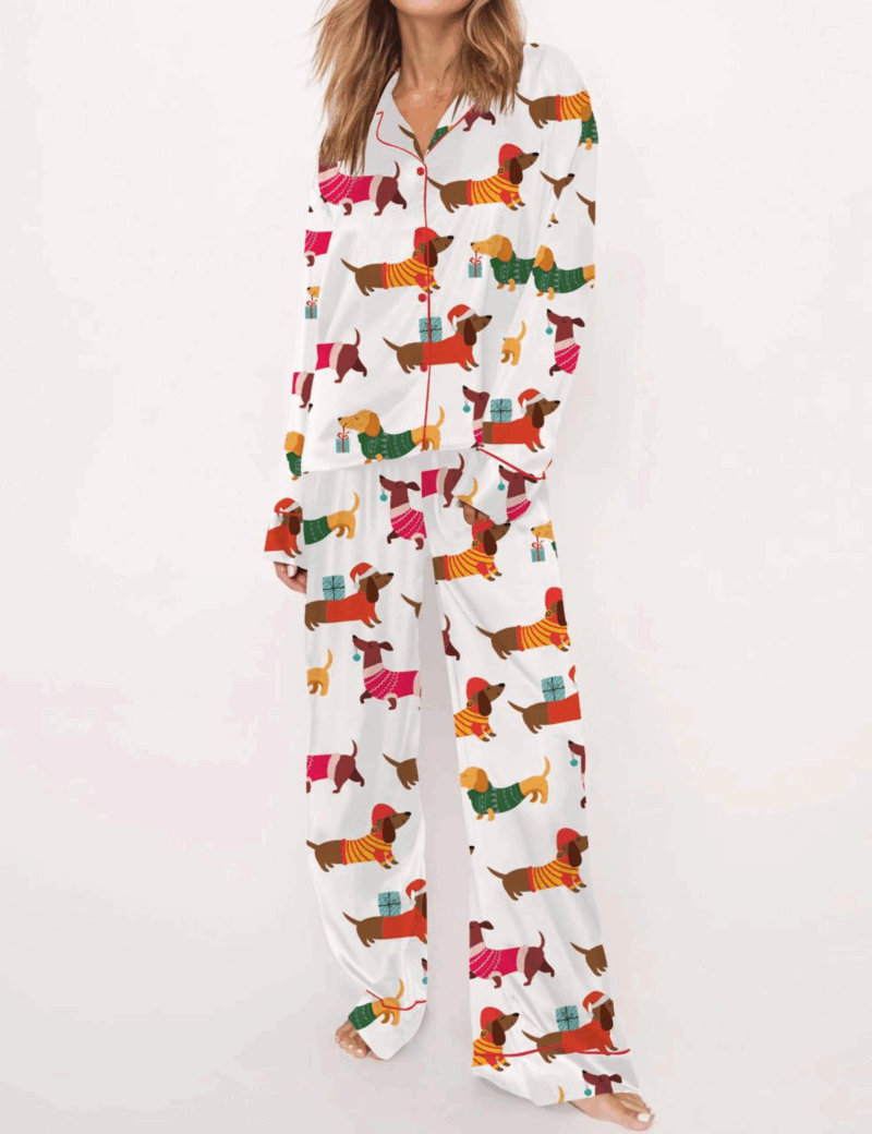 Christmas Festive Dachshund Silk Satin Pajama Set For Women