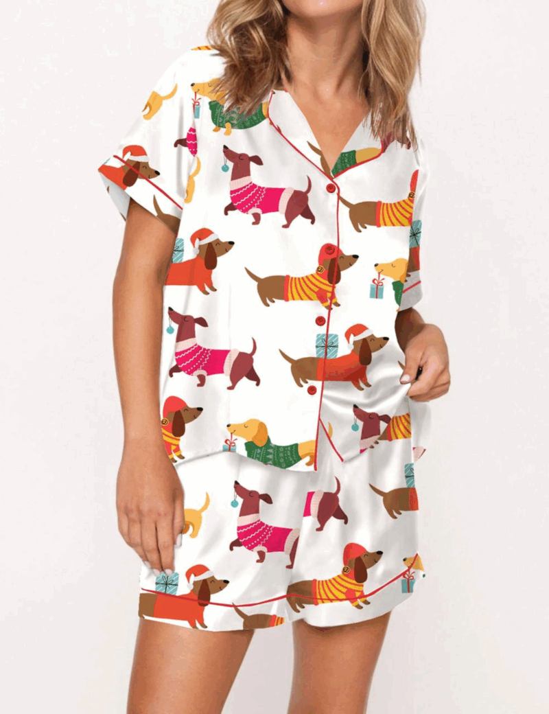 Christmas Festive Dachshund Silk Satin Pajama Set For Women