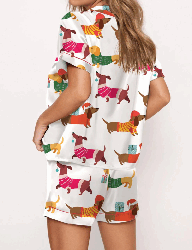 Christmas Festive Dachshund Silk Satin Pajama Set For Women
