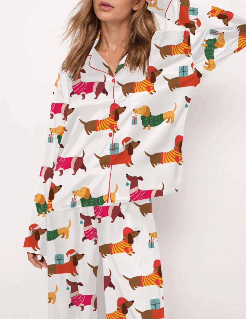 Christmas Festive Dachshund Silk Satin Pajama Set For Women