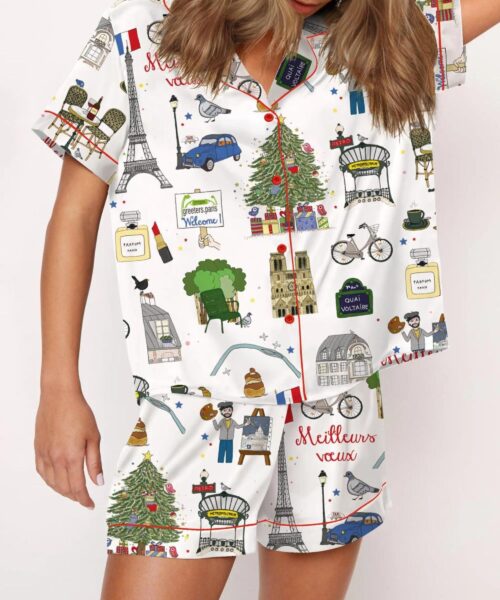 Christmas In Paris Silk Satin Pajama Set For Women