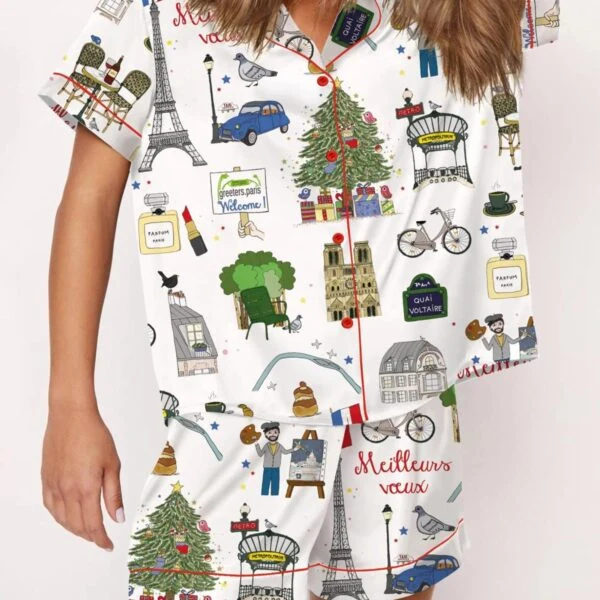 Christmas In Paris Silk Satin Pajama Set For Women