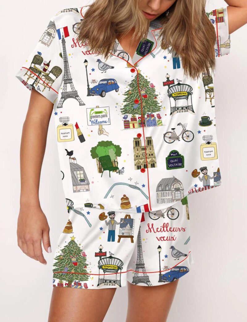 Christmas In Paris Silk Satin Pajama Set For Women