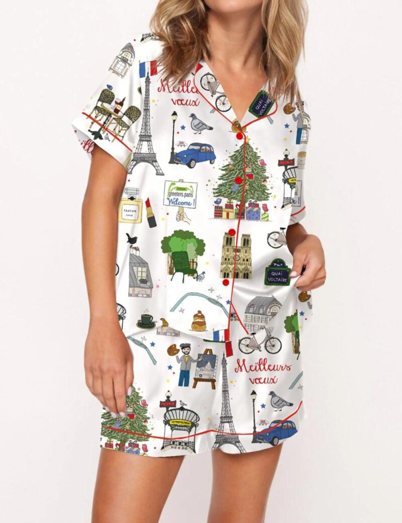 Christmas In Paris Silk Satin Pajama Set For Women