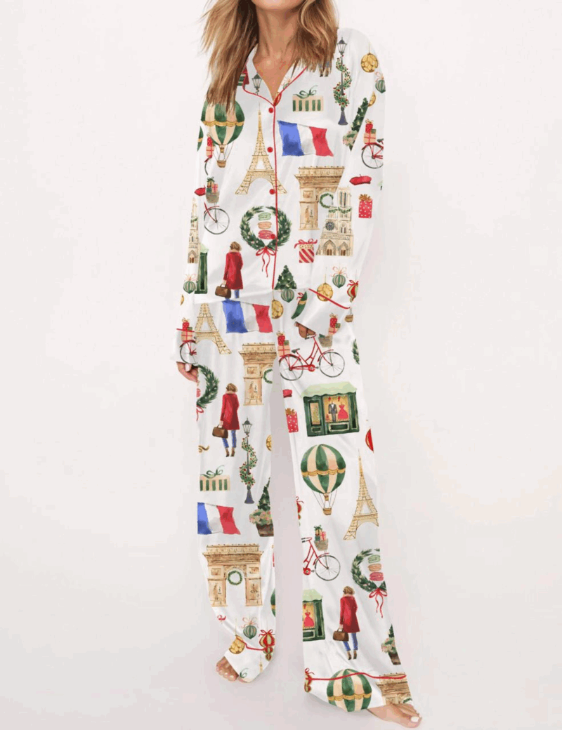 Christmas Paris Silk Satin Pajama Set For Women