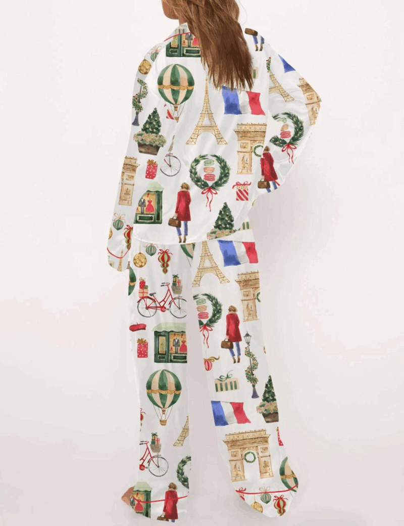 Christmas Paris Silk Satin Pajama Set For Women