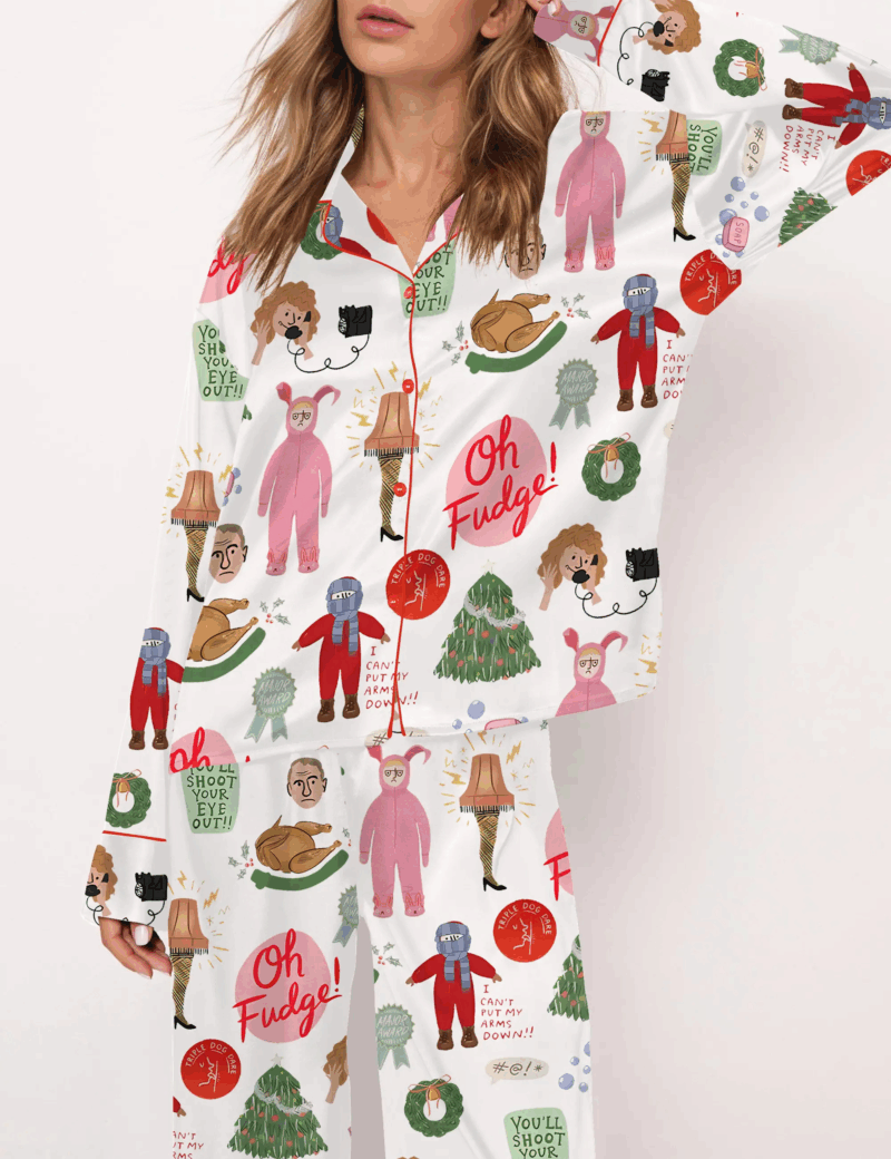 Christmas Story Silk Satin Pajama Set For Women