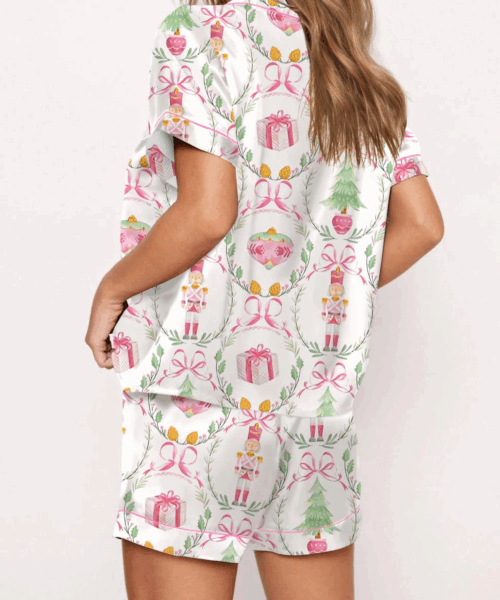 Christmas Wreath Nutcracker Silk Satin Pajama Set For Women