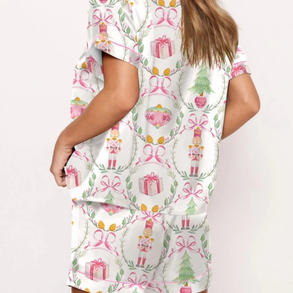 Christmas Wreath Nutcracker Silk Satin Pajama Set For Women