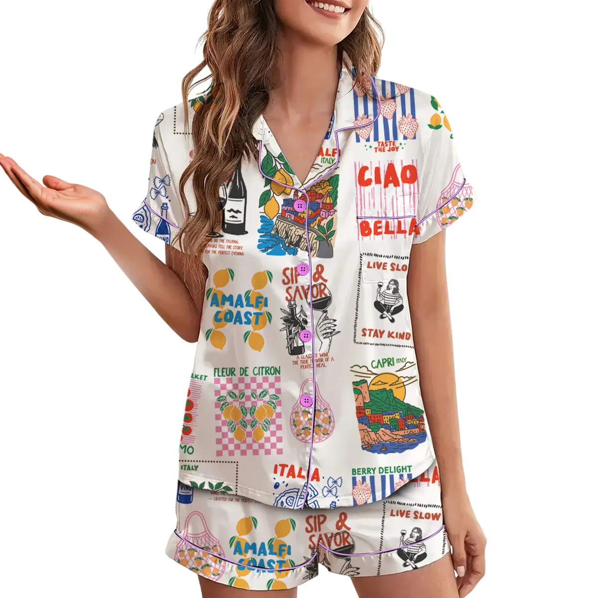 Ciao Italia Travel Satin Pajamas Set For Women