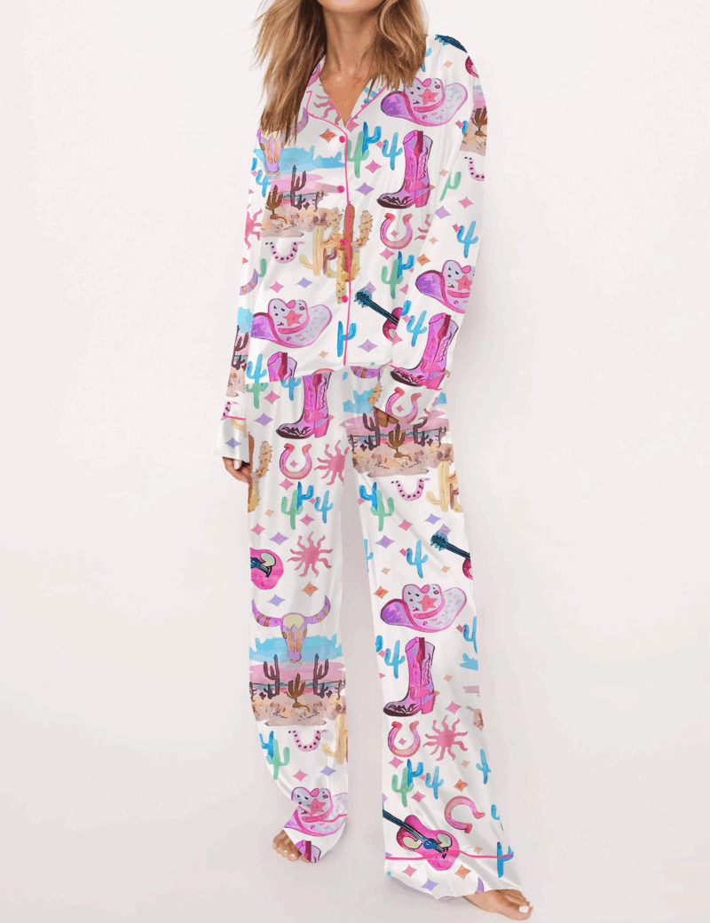 Colorful Cowgirl Silk Satin Pajama Set For Women
