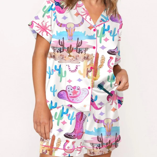 Colorful Cowgirl Silk Satin Pajama Set For Women