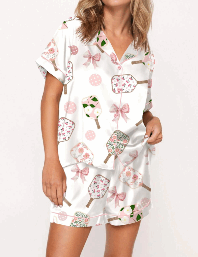 Coquette Pickleball Silk Satin Pajama Set For Women