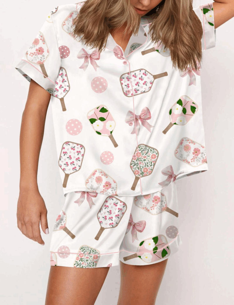 Coquette Pickleball Silk Satin Pajama Set For Women