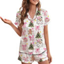 Coquette Pink Christmas Satin Pajama Set For Women