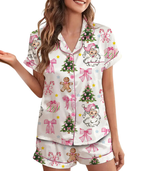 Coquette Pink Christmas Satin Pajama Set For Women