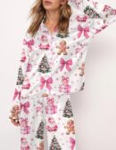 Coquette Pink Christmas Silk Satin Pajama Set For Women