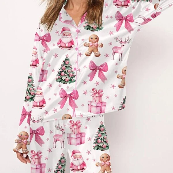 Coquette Pink Christmas Silk Satin Pajama Set For Women
